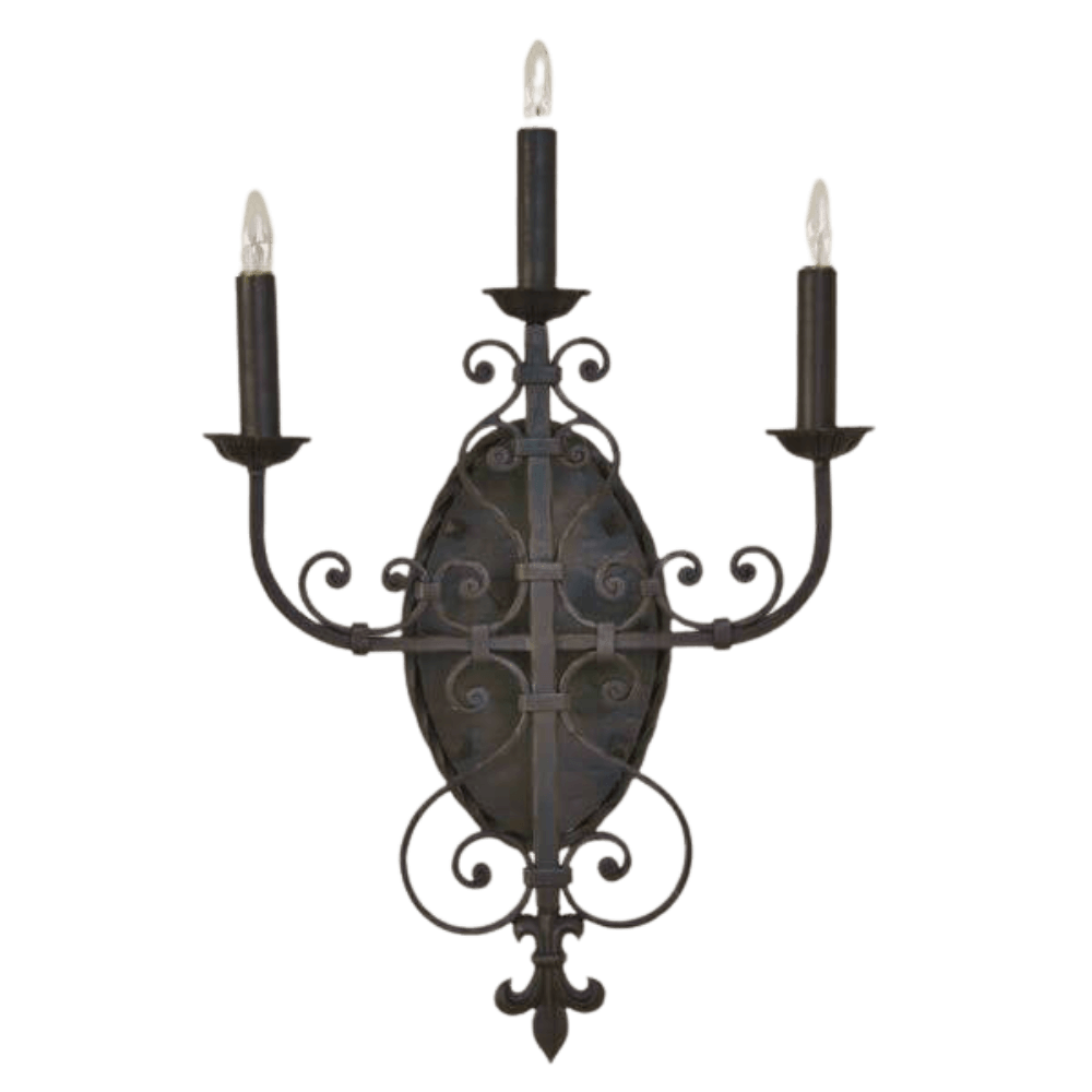 Elegant wrought iron wall sconce featuring three candle-like lights atop decorative arm supports. The intricate design includes swirling motifs and an oval backplate, adding a touch of sophistication and warmth to any space.