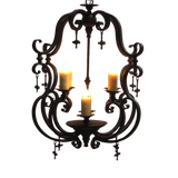 A graceful wrought iron chandelier featuring intricate scrollwork. It showcases three candle holders with flickering candles, creating a warm and inviting ambiance.