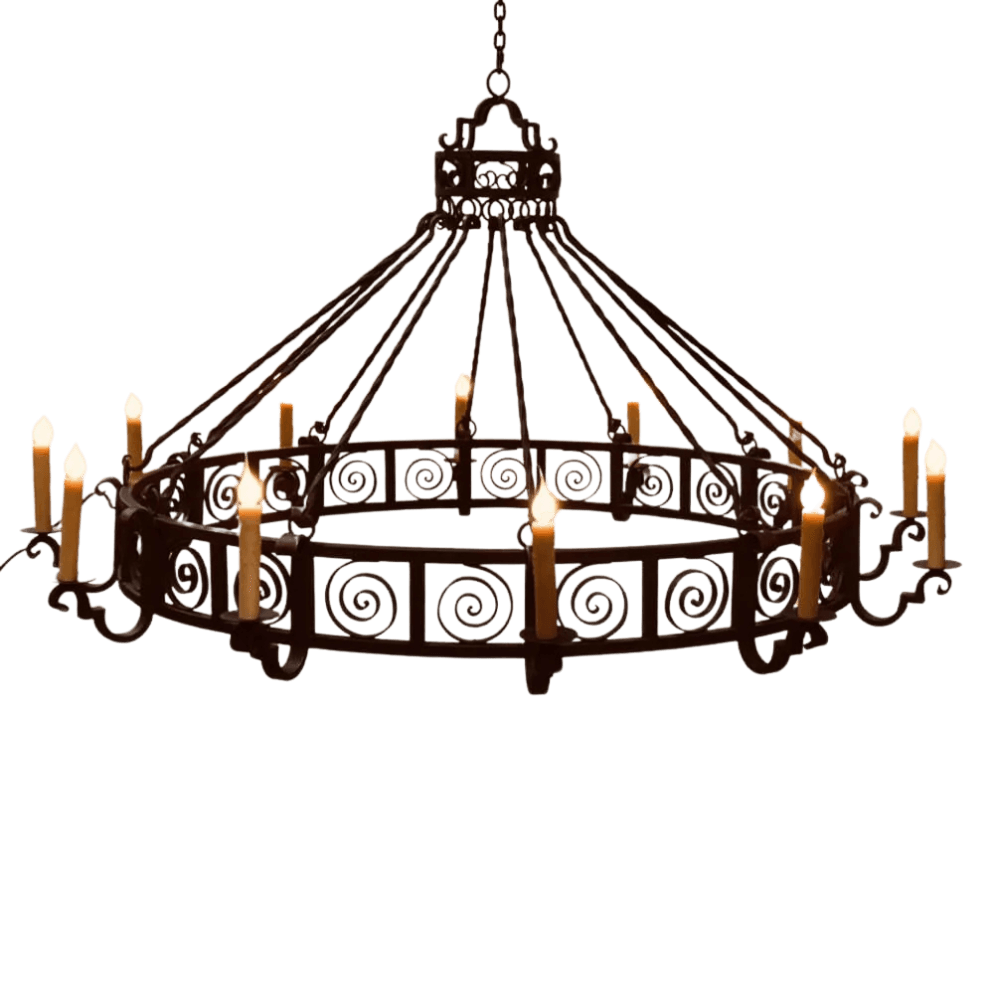 A stunning wrought iron chandelier featuring intricate scrollwork and a circular design. The fixture showcases multiple candle-like lights, creating a warm, inviting ambiance. Ideal for adding character to dining areas or entryways.