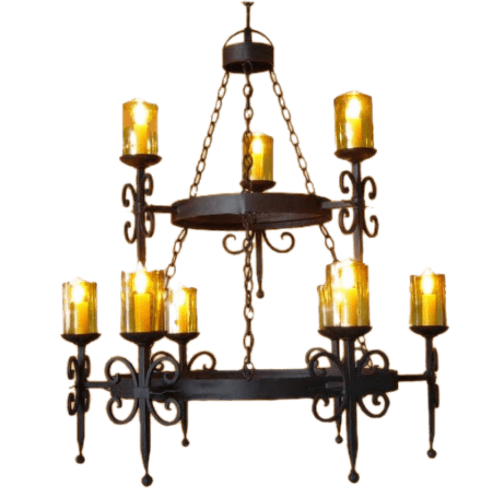 A beautifully crafted wrought iron chandelier featuring multiple golden candle-like lights. The intricate design showcases swirling details and a central circular frame, making it an elegant addition to any space.