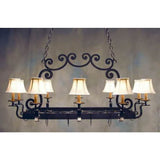 A large, elegantly crafted wrought iron chandelier featuring a decorative scroll design and ten soft fabric shades. The fixture hangs from a sturdy chain, adding warmth and style to any space.