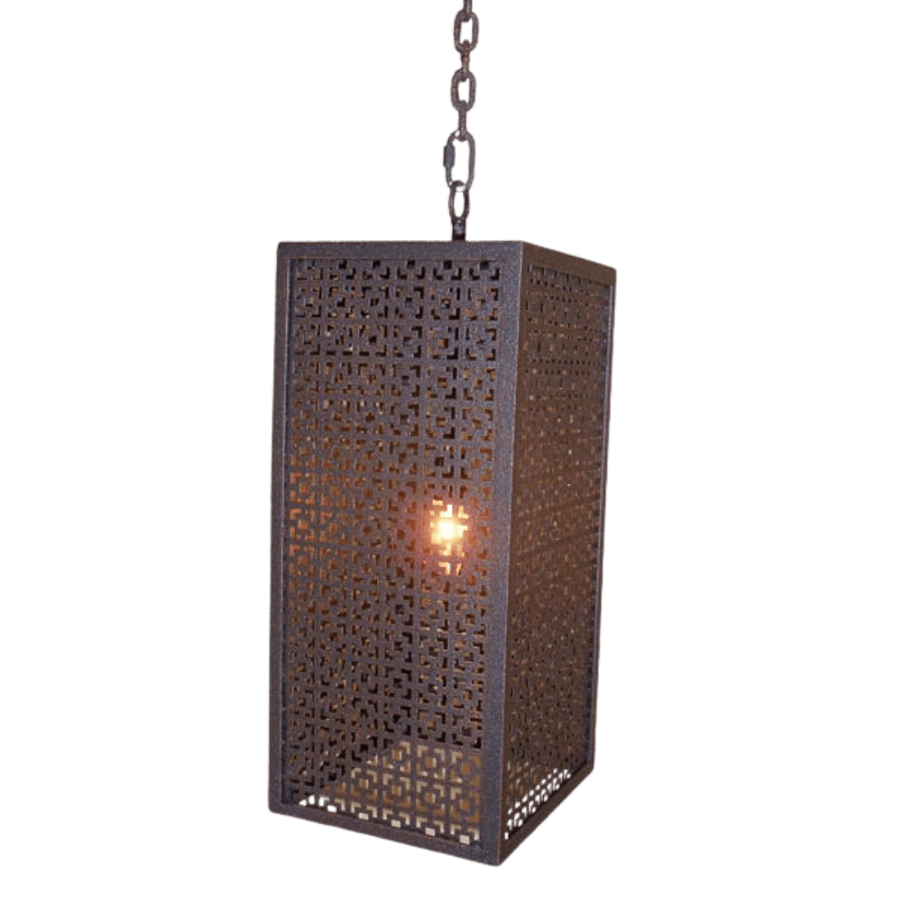 Rectangular pendant light featuring intricate cut-out patterns in wrought iron, illuminating a warm glow from within.