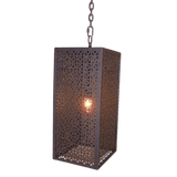 Rectangular pendant light featuring intricate cut-out patterns in wrought iron, illuminating a warm glow from within.