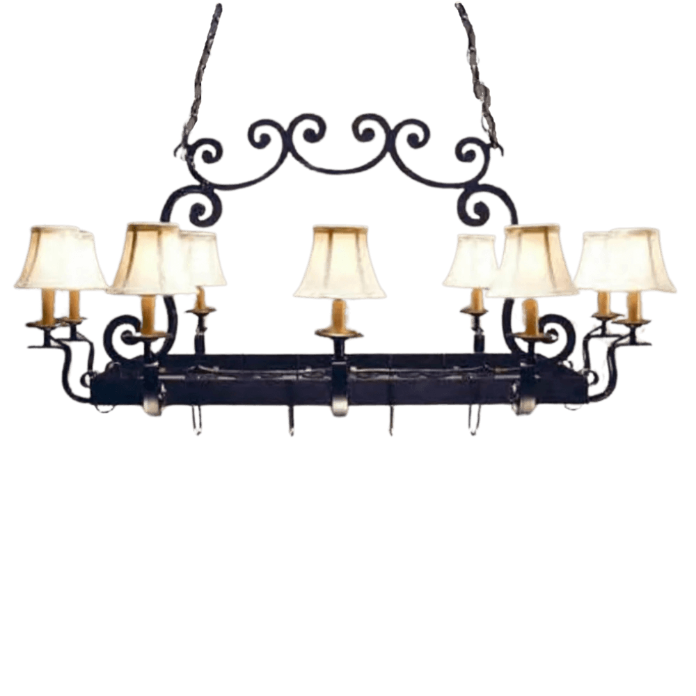 A graceful wrought iron chandelier featuring elegantly curved arms and soft fabric shades. The design combines rustic charm with sophistication, creating a warm ambiance for any space. Perfect for adding a touch of timeless elegance.