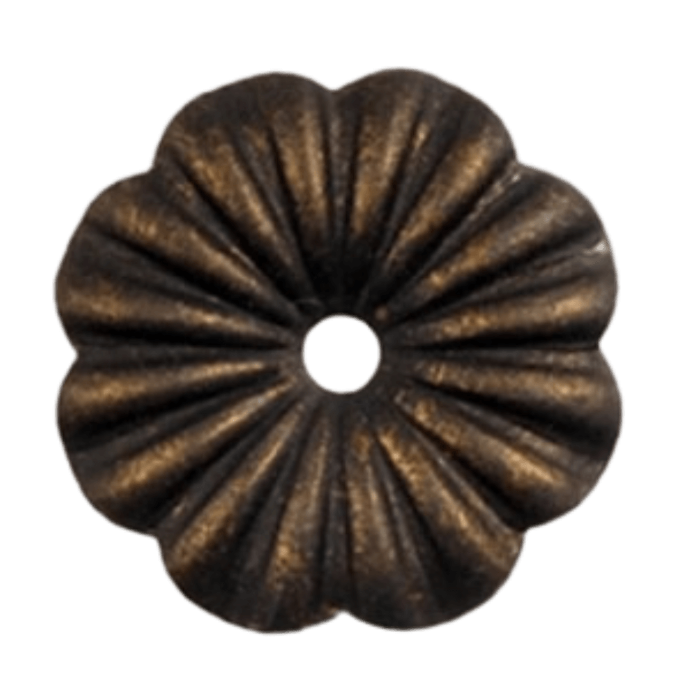 A textured, flower-shaped metal accent piece featuring a central hole and intricate, ribbed detailing. The finish is a rich, dark hue, adding elegance and sophistication, perfect for enhancing wrought iron lighting fixtures.