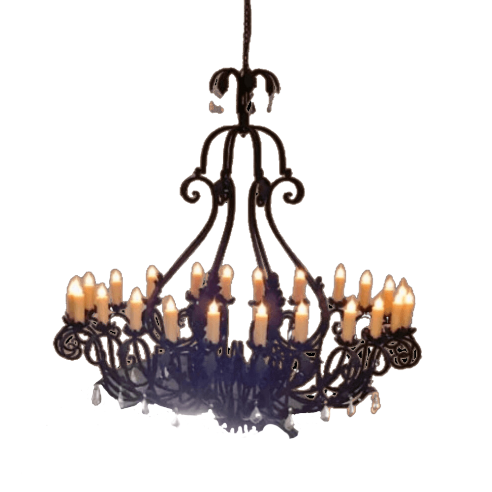 A large, intricately designed wrought iron chandelier featuring multiple elegantly arranged candle holders. The fixture has a classic, curvilinear shape with ornate detailing, creating a warm and inviting glow, ideal for enhancing any space.