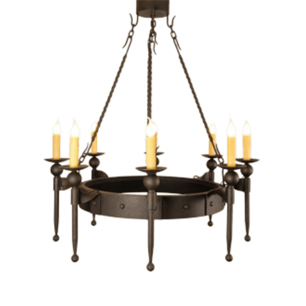 A round chandelier featuring six candlestick-style lights, set within a sturdy wrought iron frame. The design incorporates decorative metal arms and a classic look, ideal for adding warmth and elegance to any space.