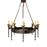 A round chandelier featuring six candlestick-style lights, set within a sturdy wrought iron frame. The design incorporates decorative metal arms and a classic look, ideal for adding warmth and elegance to any space.