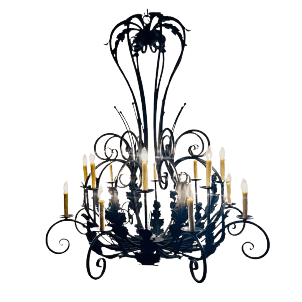 A beautifully crafted wrought iron chandelier featuring intricate floral designs and ornate scrollwork. This elegant fixture has multiple candle-like lights, enhancing its sophisticated look and adding warmth to any space. Perfect for creating a charming ambiance in dining areas or grand entryways.