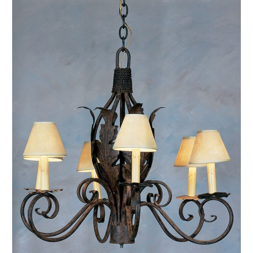 Elegant wrought iron chandelier featuring intricate floral designs and five soft-glow lampshades, perfect for enhancing any space with warmth and charm.