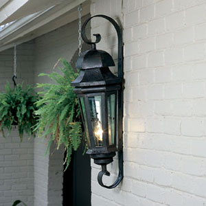 A decorative wall sconce featuring intricate wrought ironwork with a glass enclosure, elegantly showcasing light. It hangs beside green ferns, enhancing outdoor ambiance.