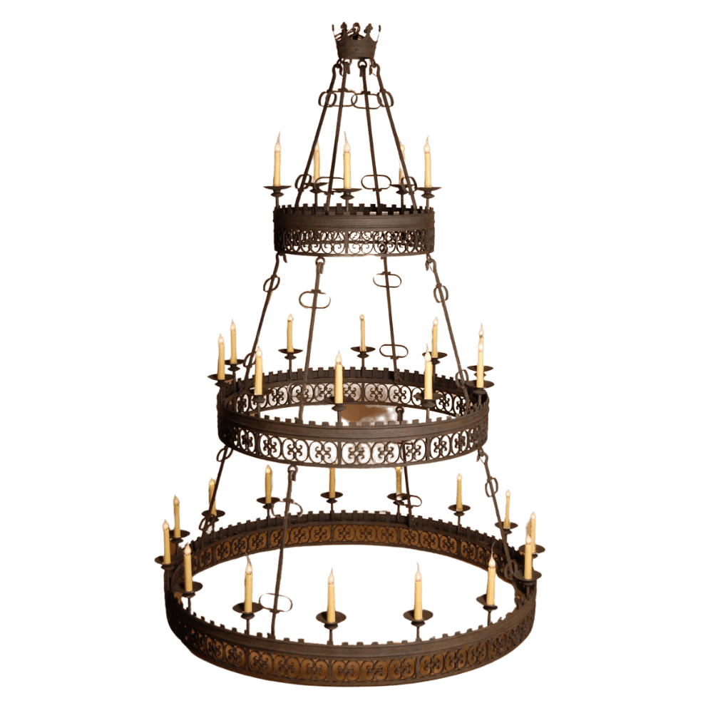 A beautifully crafted wrought iron chandelier featuring three tiers, adorned with ornate detailing and candle-style lights. The design emphasizes elegance and craftsmanship, making it a stunning centerpiece for any space.