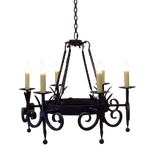 Wrought iron chandelier featuring elegant curves and scrollwork, holding five candle-like light bulbs. Suspended from a chain, it adds a warm, rustic charm to any space.