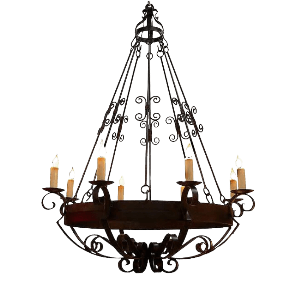 A beautifully crafted chandelier featuring intricate wrought iron design, adorned with multiple candle-like lights. The dark, rich tones and elegant curves add a touch of sophistication and warmth to any space, creating an inviting ambiance. Perfect for enhancing dining areas or living rooms with classic charm.