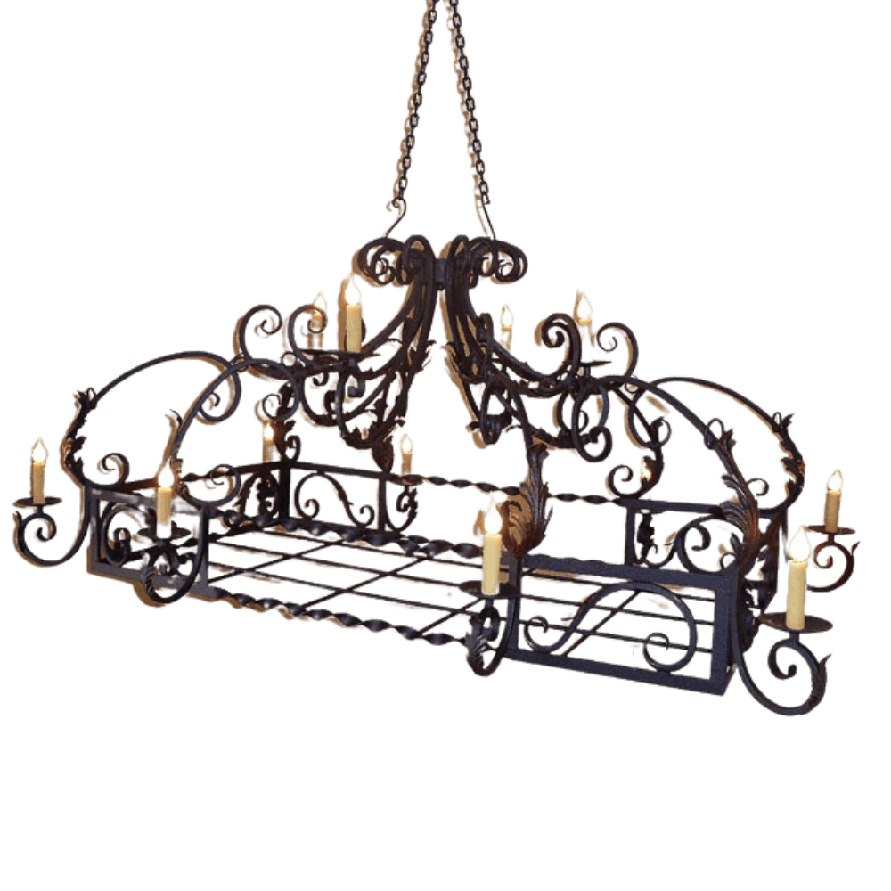 An intricately designed wrought iron chandelier featuring elegant scrollwork and vintage-style candle holders, creating a warm, inviting ambiance. This statement piece is perfect for enhancing dining areas or grand spaces.