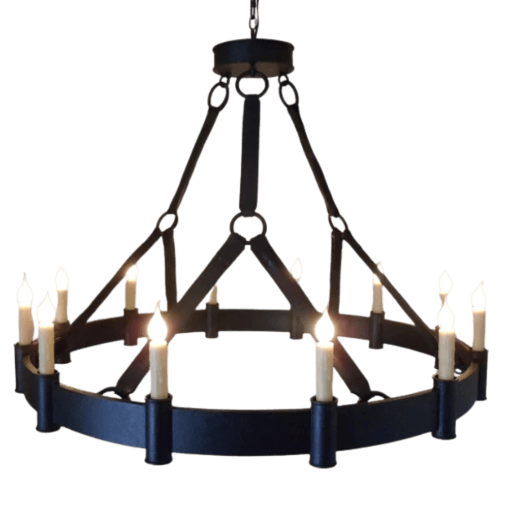 A large, circular wrought iron chandelier featuring multiple candle-like lights. The fixture has a sturdy structure with a combination of straight and curved lines, enhancing its decorative appeal. Its dark finish gives a rustic charm, perfect for creating a warm, inviting atmosphere in any space.