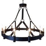 A large, circular wrought iron chandelier featuring multiple candle-like lights. The fixture has a sturdy structure with a combination of straight and curved lines, enhancing its decorative appeal. Its dark finish gives a rustic charm, perfect for creating a warm, inviting atmosphere in any space.