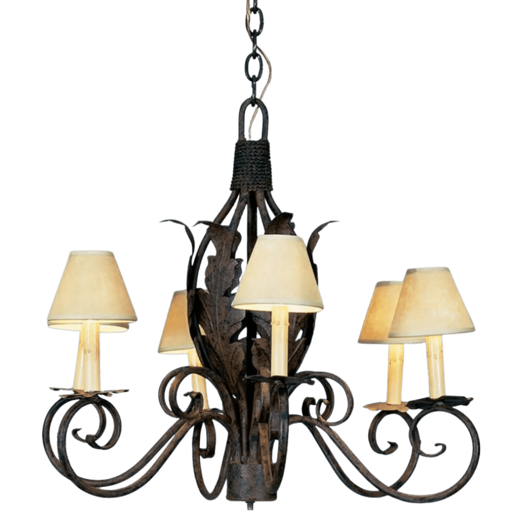 A beautifully crafted chandelier featuring ornate wrought iron design with elegant scrolling arms and five soft, shaded lights. Ideal for enhancing any space with a warm, inviting ambiance.