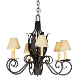 A beautifully crafted chandelier featuring ornate wrought iron design with elegant scrolling arms and five soft, shaded lights. Ideal for enhancing any space with a warm, inviting ambiance.