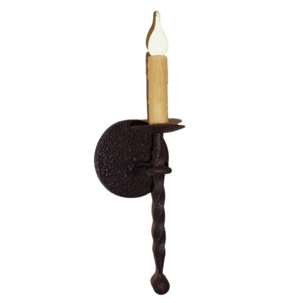 A handmade wrought iron wall sconce featuring a twisted holder and a flickering candle-style bulb. The design showcases intricate details and a rustic finish, adding elegance to any space.