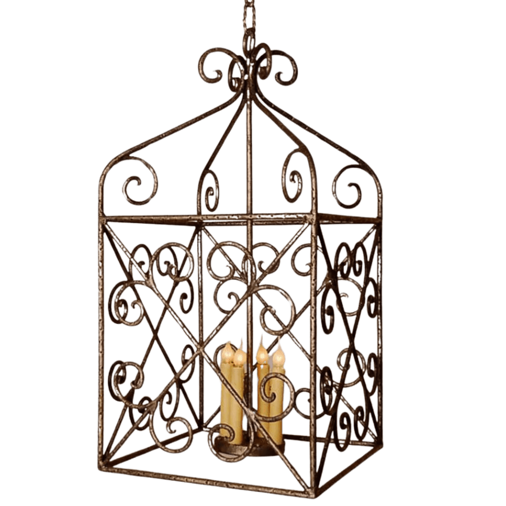 Elegant wrought iron pendant featuring intricate scrollwork and a lantern shape, showcasing three candle holders inside, exuding timeless charm.