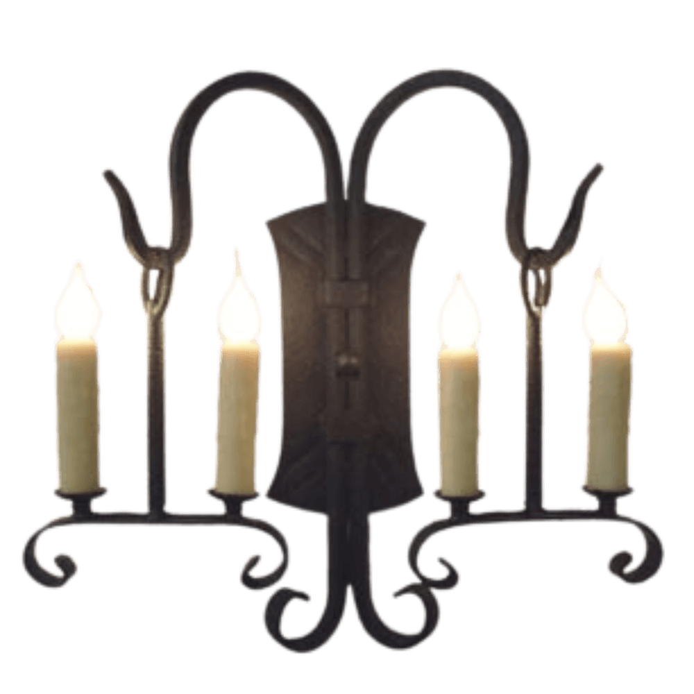 A beautifully crafted wrought iron sconce featuring four candle-style lights with flickering flames. The fixture showcases intricate curves and elegant scrollwork, enhancing any space with a warm, inviting ambiance. Perfect for accenting walls in dining areas or living spaces.