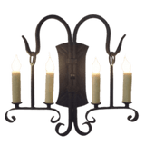 A beautifully crafted wrought iron sconce featuring four candle-style lights with flickering flames. The fixture showcases intricate curves and elegant scrollwork, enhancing any space with a warm, inviting ambiance. Perfect for accenting walls in dining areas or living spaces.