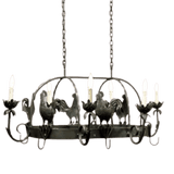 A decorative chandelier featuring intricate wrought iron craftsmanship, showcasing stylized roosters and candle-style lights, designed to enhance rustic charm in any space.