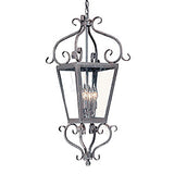 A decorative wrought iron pendant light featuring elegant scrollwork and clear glass panels. The fixture showcases multiple bulbs for a warm, inviting glow, perfect for enhancing any space.