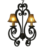 Elegant wrought iron chandelier featuring two soft-glow lampshades complemented by intricate scrollwork. Ideal for adding charm to any space.