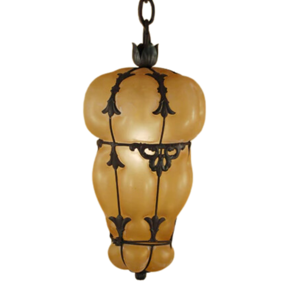 A beautifully crafted pendant featuring an elegant, bulbous design with softened, amber glass. The intricate wrought iron detailing adds a touch of sophistication, enhancing any space with warm, inviting illumination.