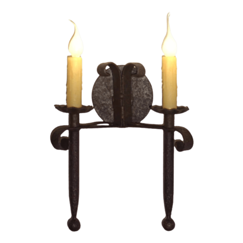 A decorative wrought iron sconce featuring two flickering candle-style bulbs, complemented by elegant curved accents and a central circular design, perfect for enhancing rustic interiors.