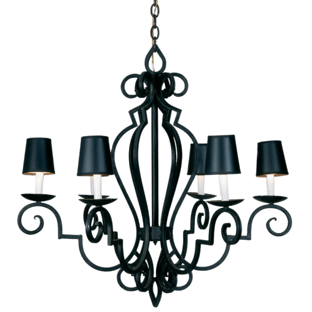 A beautifully crafted wrought iron chandelier featuring elegant scrollwork and five black lampshades. Perfect for adding a touch of sophistication to any room.