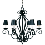 A beautifully crafted wrought iron chandelier featuring elegant scrollwork and five black lampshades. Perfect for adding a touch of sophistication to any room.