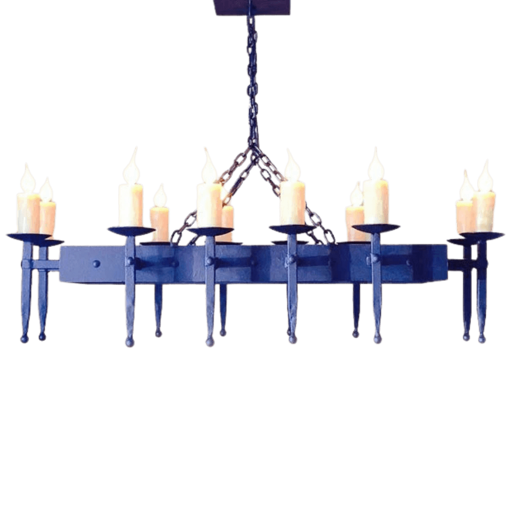 A robust wrought iron chandelier featuring multiple candle holders atop elegant arms, with a dark finish and intricate chain detailing for a timeless look.