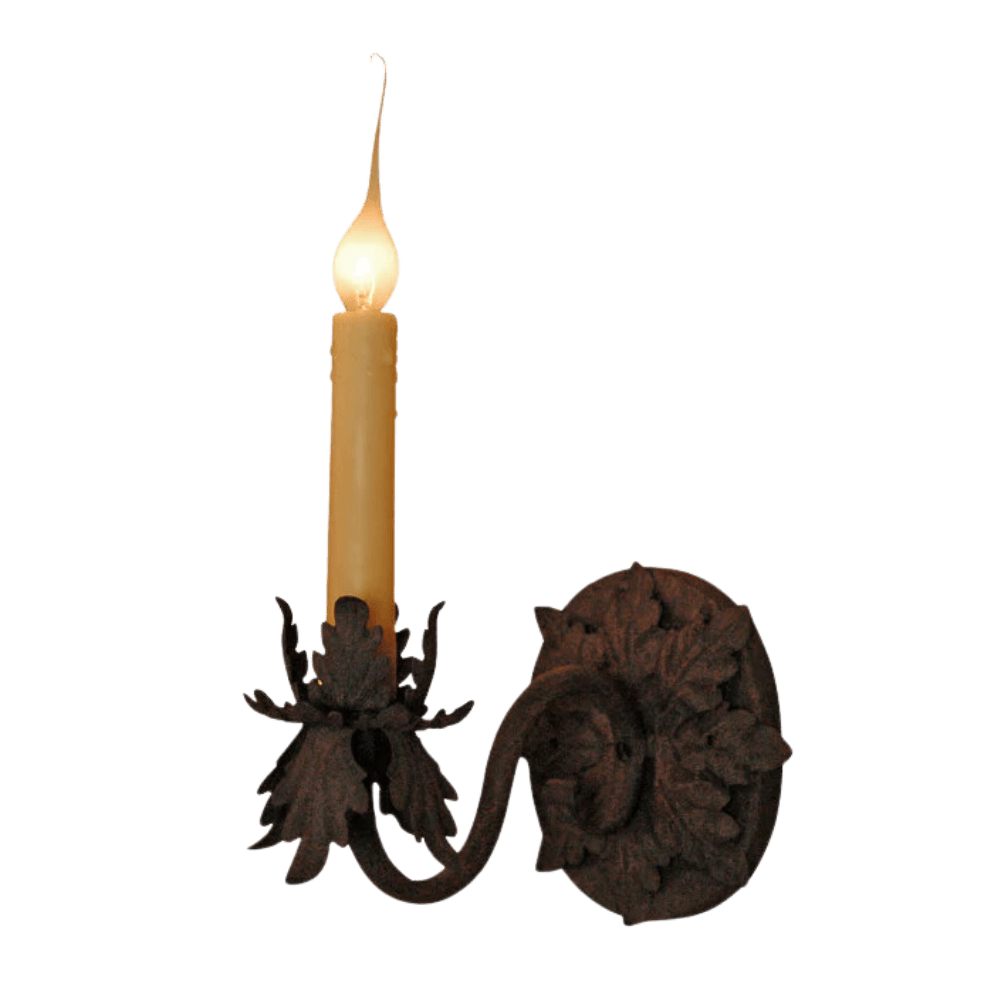 A beautifully crafted wrought iron sconce featuring an elegant candle-like light. The design incorporates intricate floral elements and a classic curling arm, enhancing any decor with a warm, inviting glow.