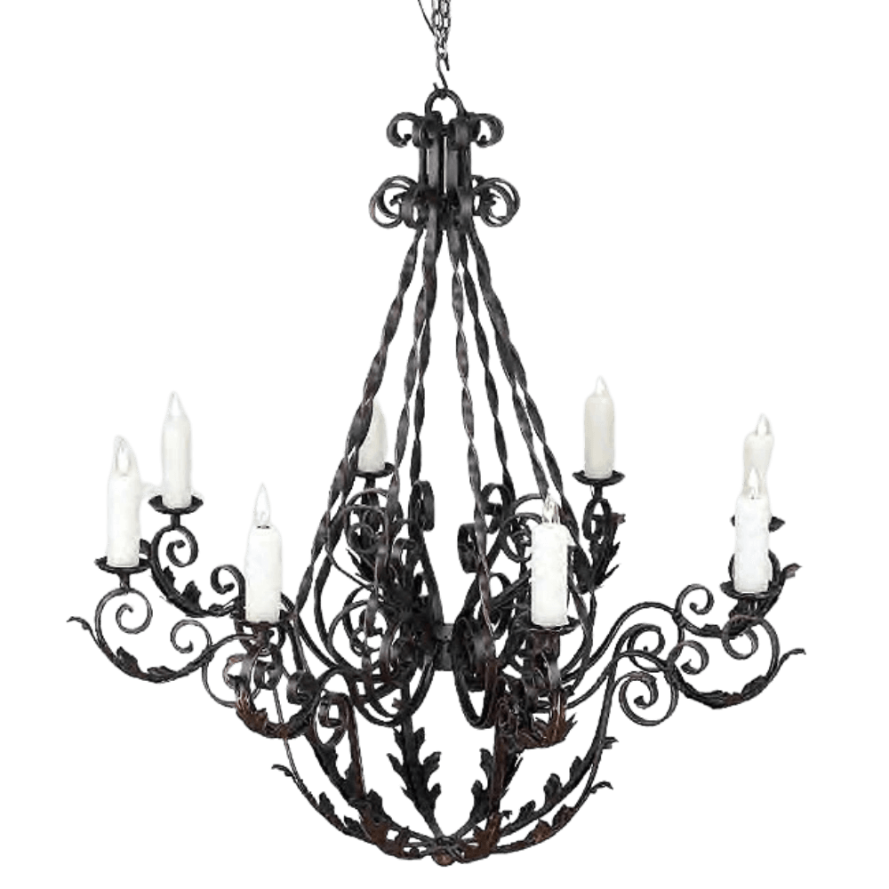 An elegantly crafted chandelier featuring intricate scrolling designs and six candle-like lights atop curved arms. The dark, textured metal adds a rustic charm, perfect for enhancing warmth and character in any space.