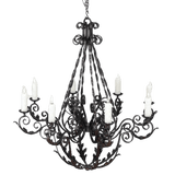 An elegantly crafted chandelier featuring intricate scrolling designs and six candle-like lights atop curved arms. The dark, textured metal adds a rustic charm, perfect for enhancing warmth and character in any space.