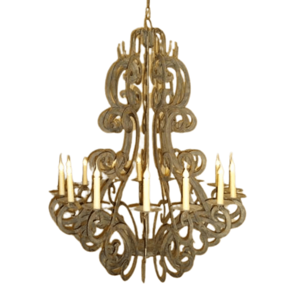 Elegantly designed wrought iron chandelier featuring ornate scrollwork and ten candle-style lights, perfect for adding a touch of sophistication and warmth to any space.