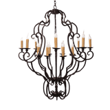 Intricate wrought iron chandelier featuring elegant curves and designs with twelve candle-style lights. The design adds a warm and inviting ambiance to any space.