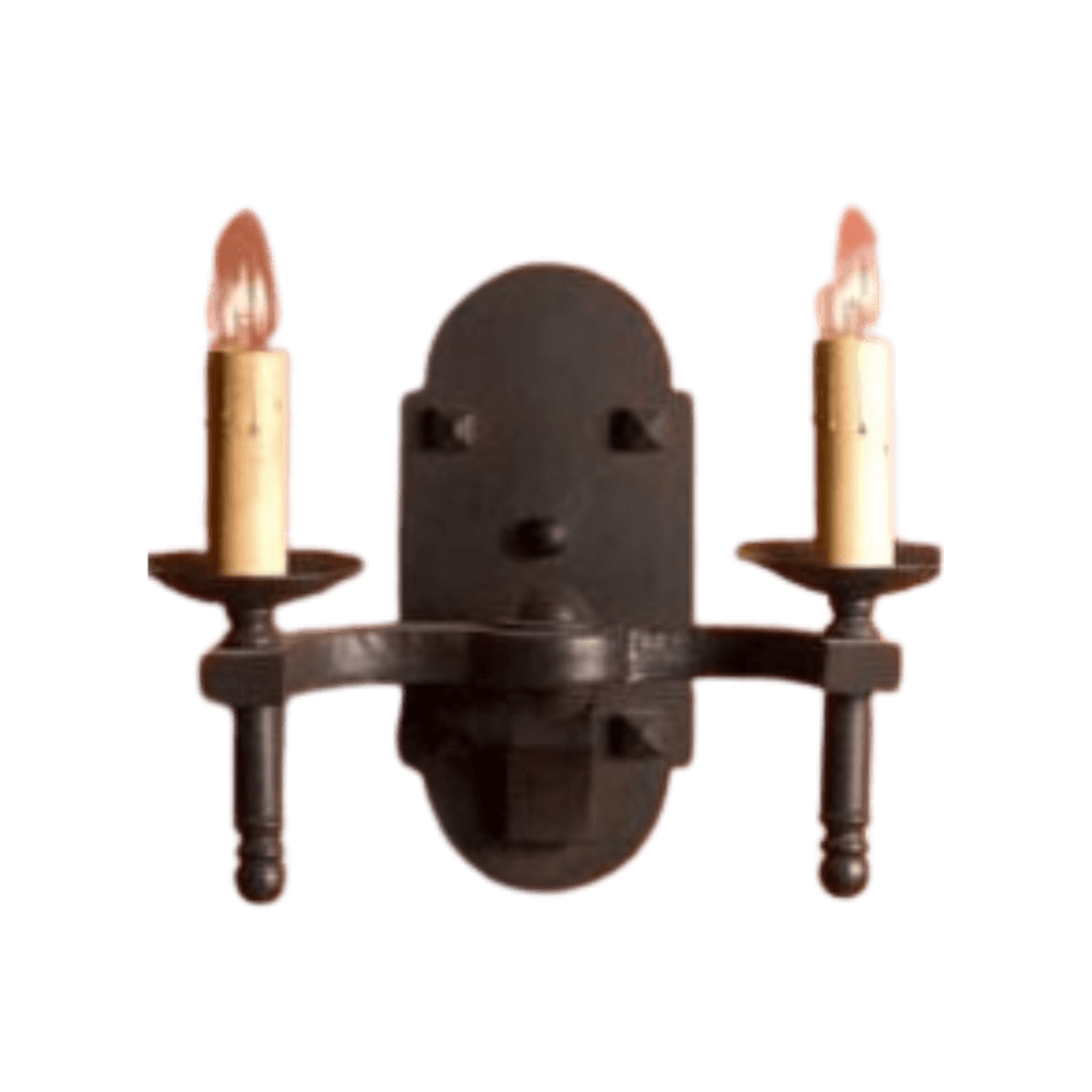 A black wrought iron sconce featuring two candle-style bulbs, elegantly designed with a rounded backplate and decorative arms.