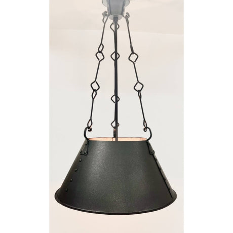 A rustic pendant featuring a wide, flared black shade with a copper interior. The fixture is suspended by intricately linked chains, showcasing elegant craftsmanship.