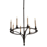 A round wrought iron chandelier featuring six slender candle-style lights atop elegant candle holders. The design incorporates graceful curves and decorative elements, emphasizing a romantic and vintage aesthetic. The fixture hangs from a simple chain, showcasing its artisanal craftsmanship and timeless appeal. Perfect for adding warmth and character to any space.