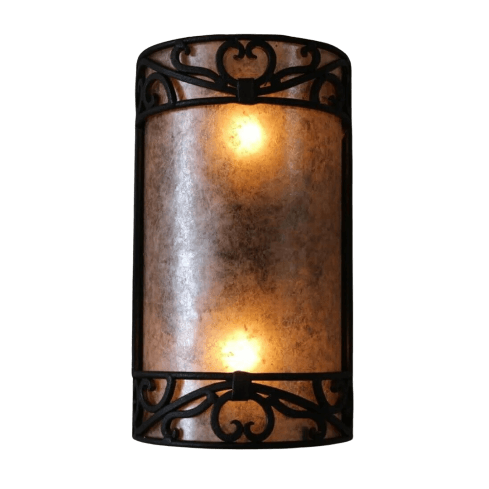 A decorative wall sconce featuring a textured amber glass shade surrounded by intricate wrought iron detailing. Two warm lights illuminate the fixture, creating a cozy ambiance.