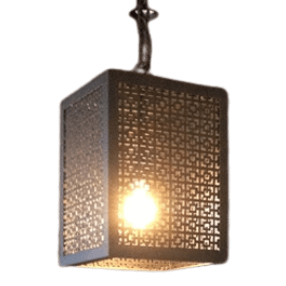 A unique pendant light featuring a square metal frame with intricate cut-out patterns, casting a warm glow from the central bulb. Ideal for adding character to any space.