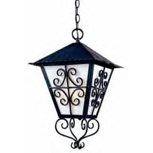 Intricately designed pendant light featuring a black wrought iron frame with decorative scrollwork and frosted glass panels, ideal for enhancing ambiance.