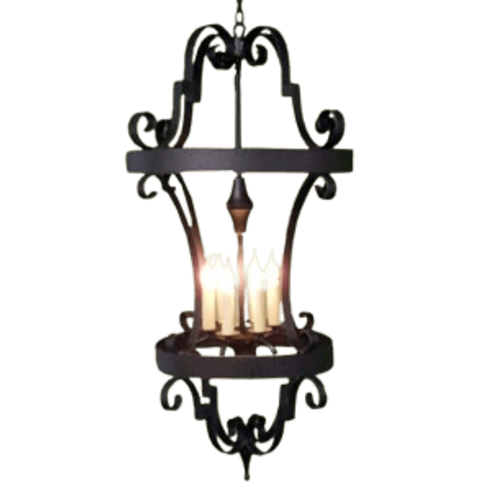 A beautifully crafted wrought iron chandelier featuring elegant curves and intricate details. It holds multiple candle-like lights, creating a warm and inviting ambiance. The design highlights traditional craftsmanship, making it a perfect statement piece for both rustic and elegant interiors.