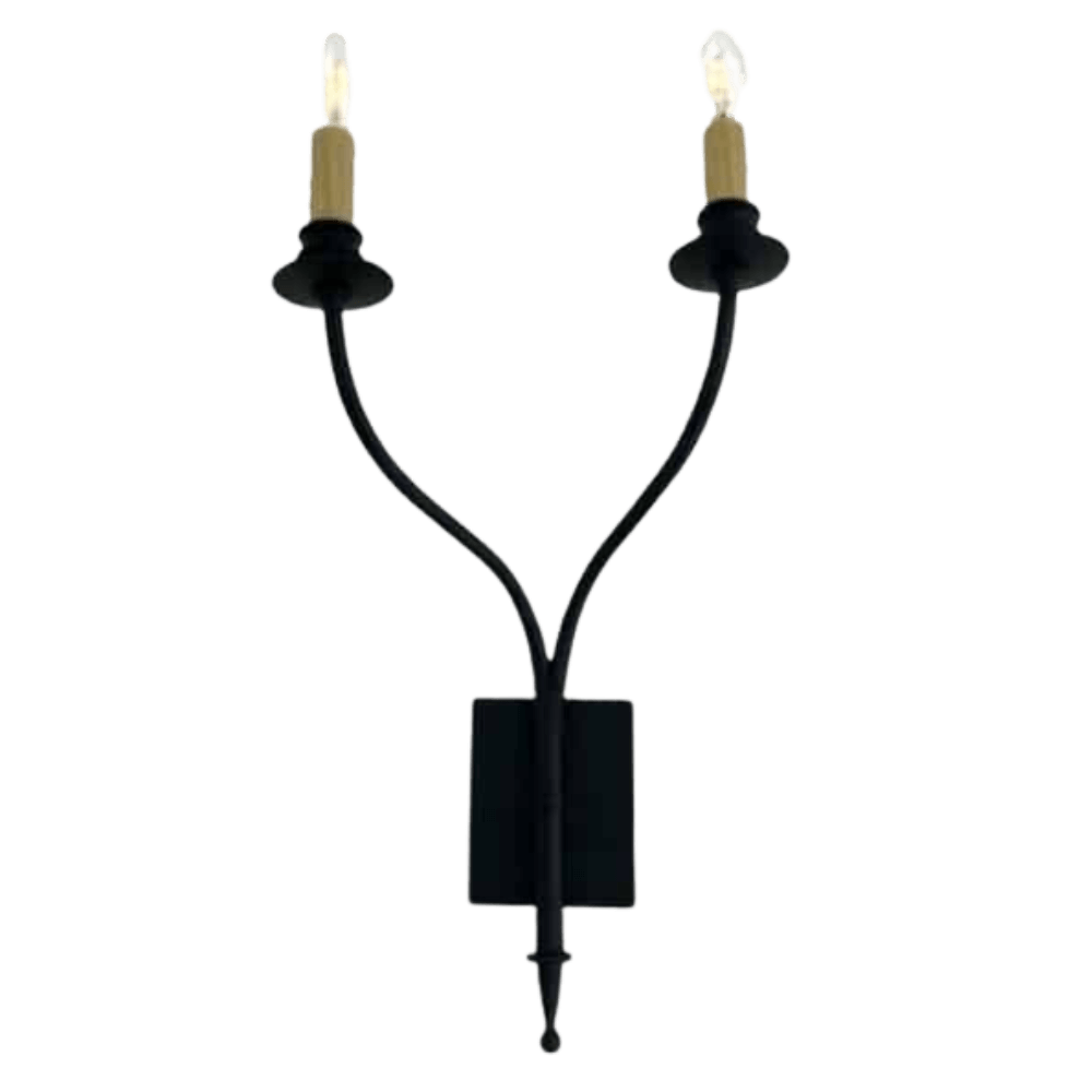 A sleek, two-light wall sconce featuring a black iron finish, elegant curves, and cylindrical bulb holders, ideal for enhancing any space with warm, inviting glow.