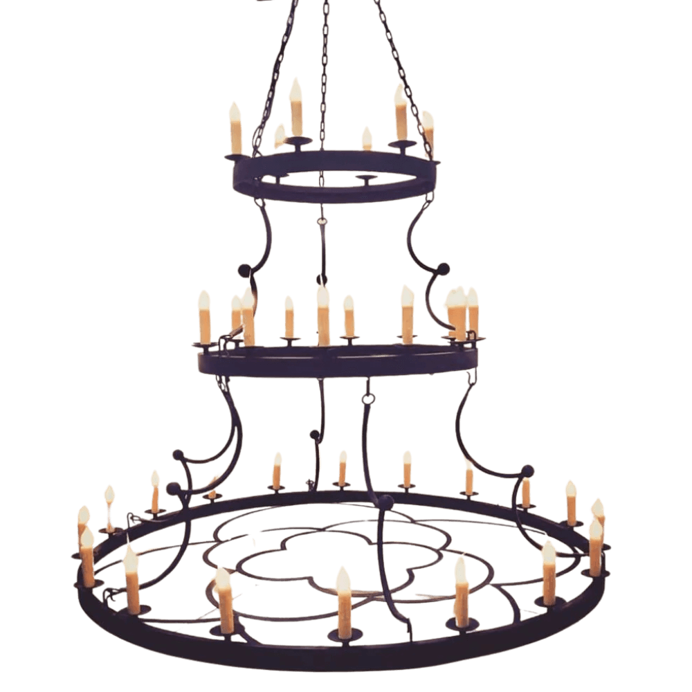 Intricate wrought iron chandelier featuring multiple tiers adorned with flickering candle-style lights, enhancing any elegant space with warm illumination.