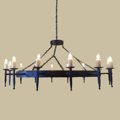 A large, black wrought iron chandelier featuring multiple candle-like bulbs atop elegant holders, suspended by decorative chains. This fixture enhances any space with its timeless design and warm glow.